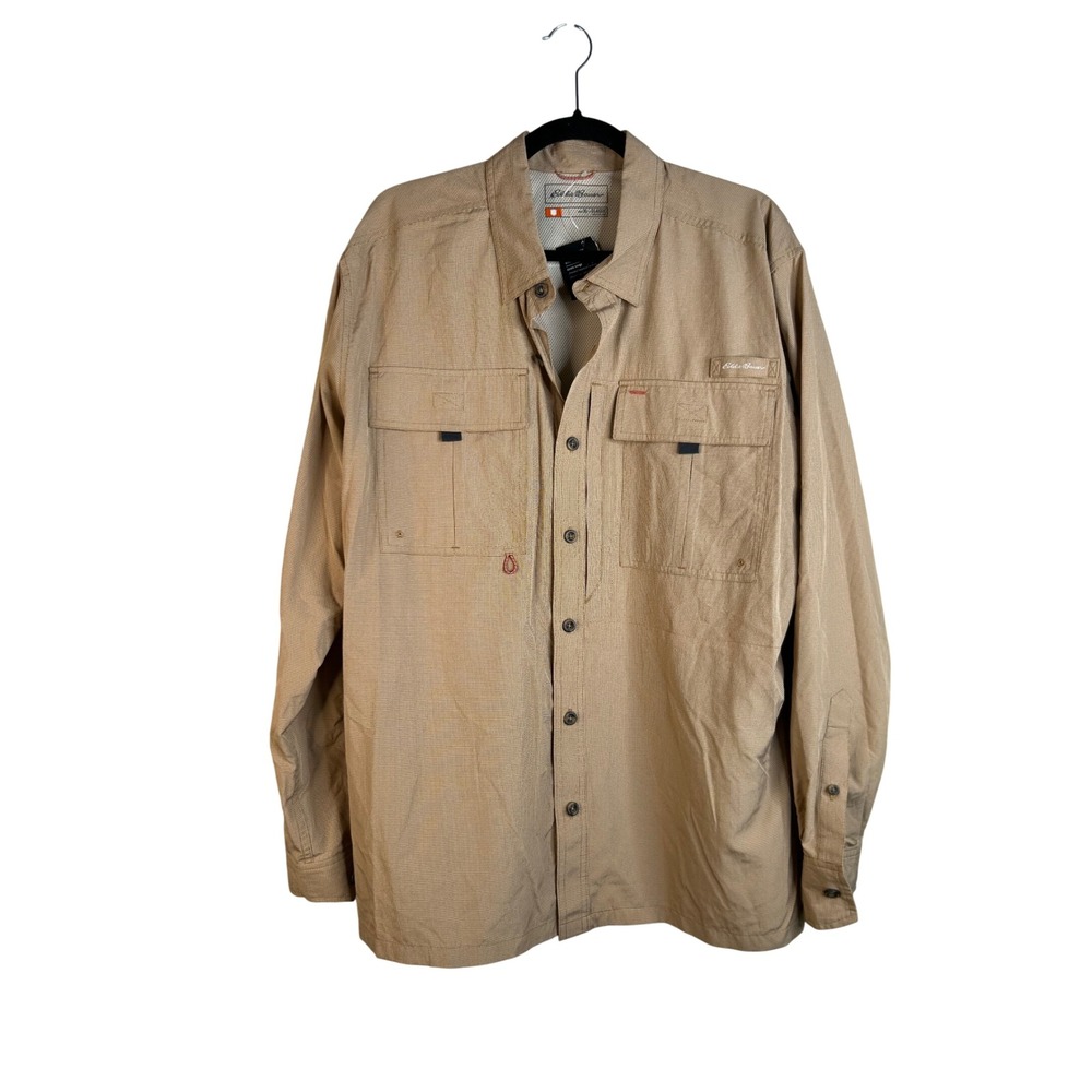 Eddie Bauer Men's Tan Sport Shop Guide UPF 50 Long Sleeve Button Shirt Size XL